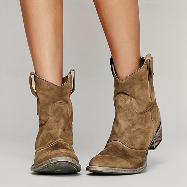 Women's Brown Faux Suede Western Ankle Boots – Vintage-Style Low Heel
