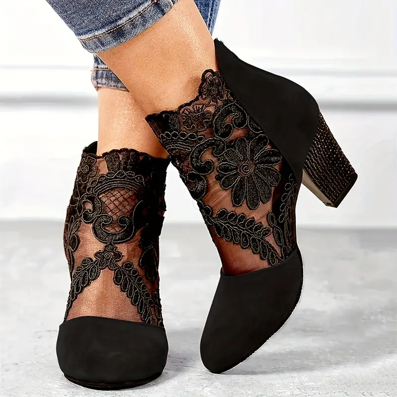 Women s Floral Lace Ankle Boots Fashionable Pointed Toe details 0