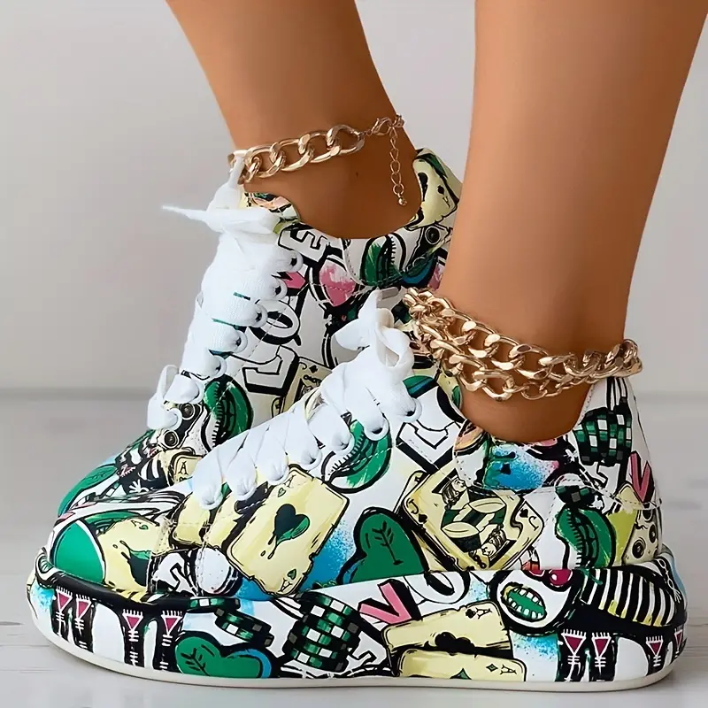 womens graffiti print sports shoes fashion lace up low top platform sneakers casual skate shoes 5