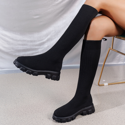 Women’s Knit Mid-Calf Sock Boots – Chunky Heel Martin Boots