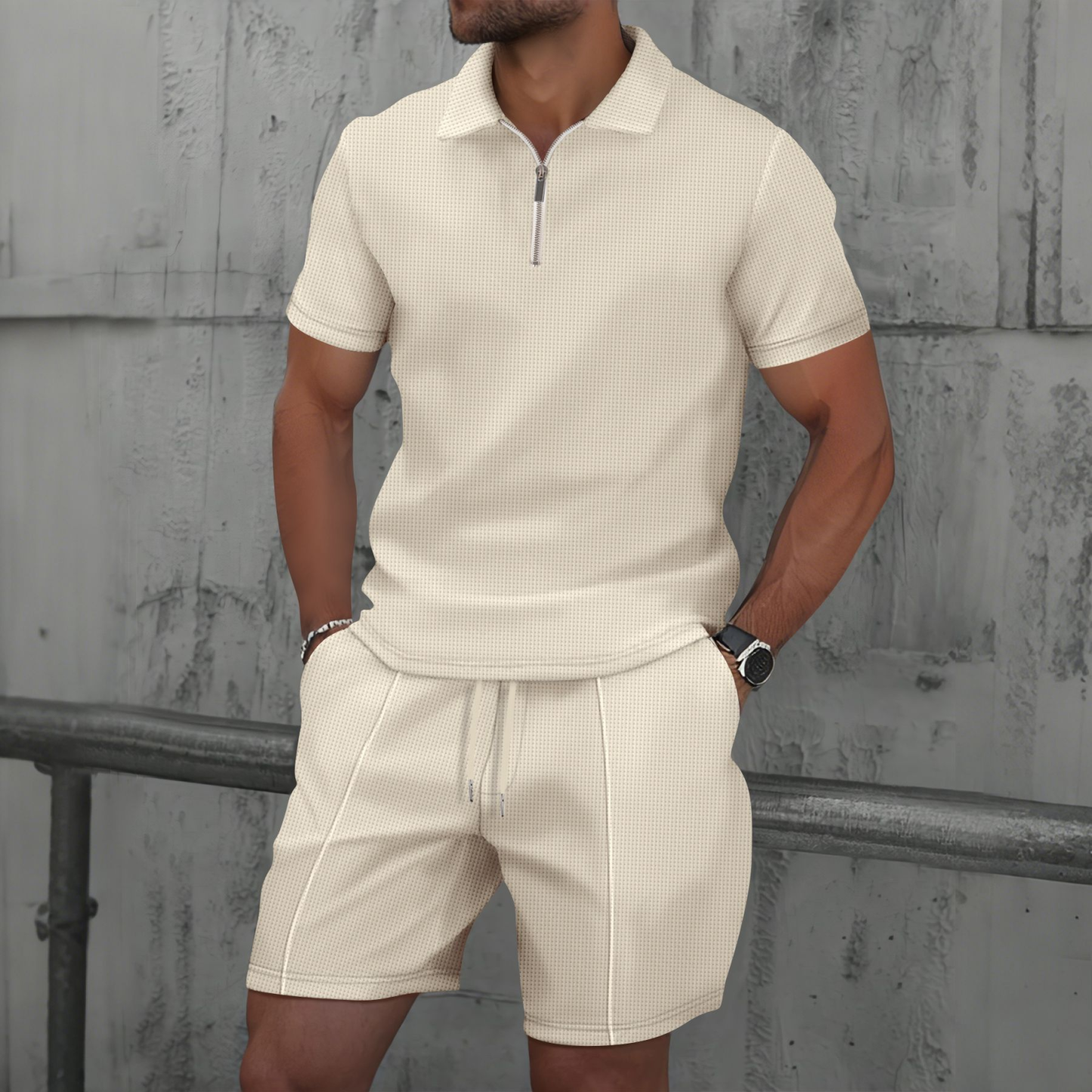 Men’s Waffle Zip Polo & Shorts Set Men’s Waffle Zip Polo & Shorts Set – Casual Summer Outfit