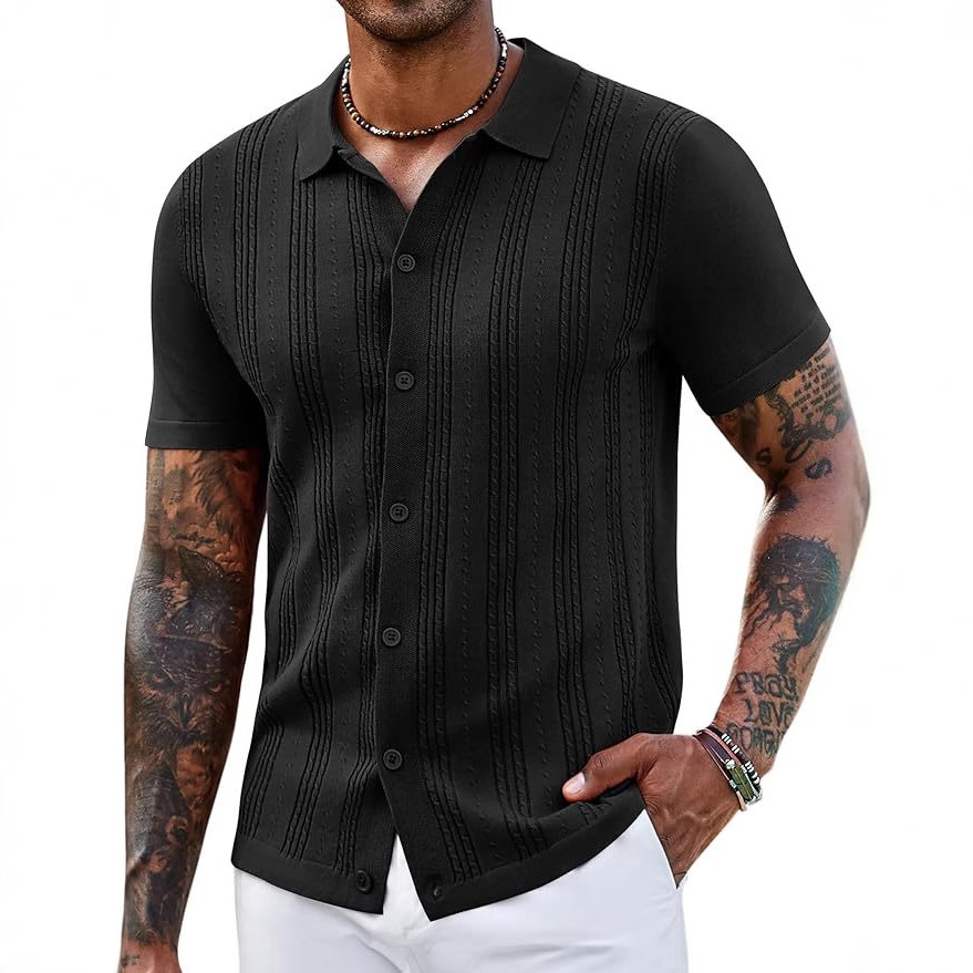 Men’s Striped Knit Hollow Polo Shirt