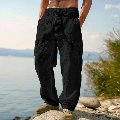 Men’s Breathable Linen Cargo Pants with Multi-Pockets