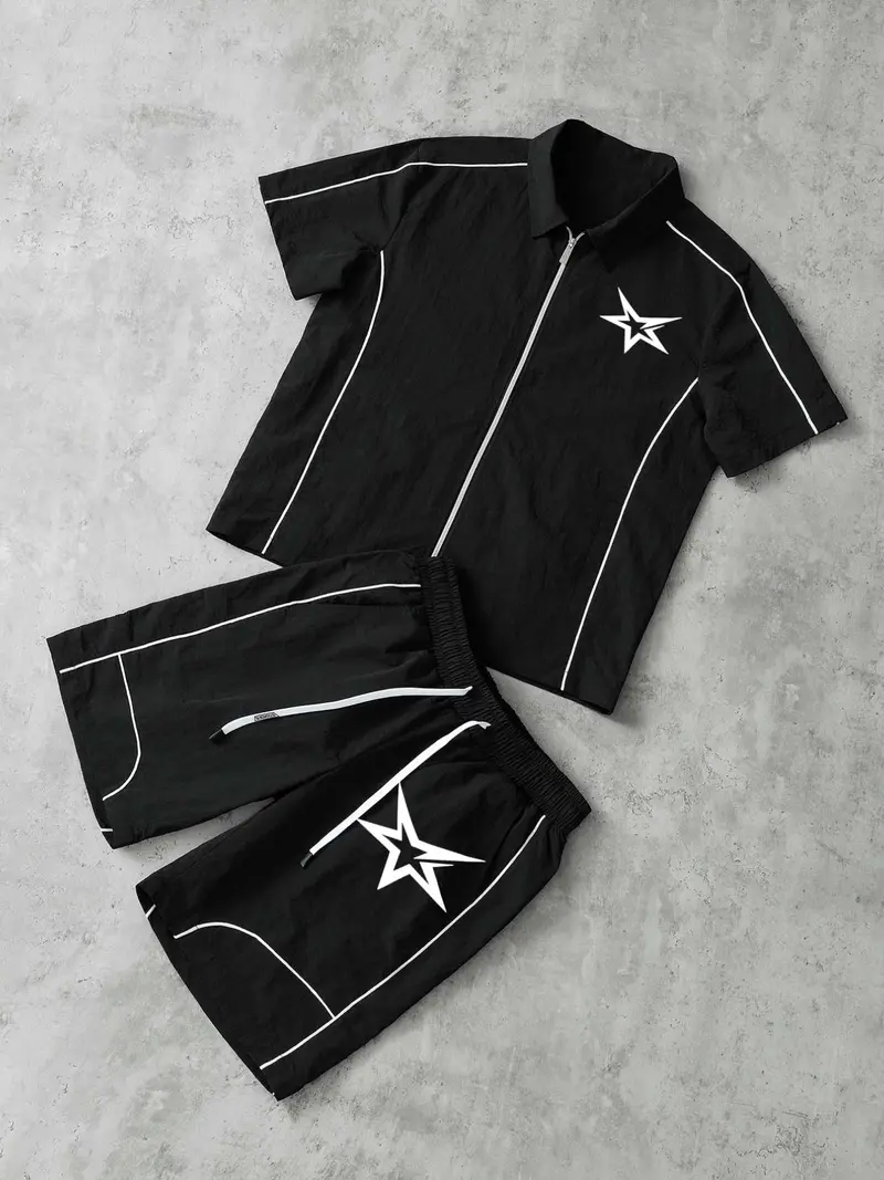 Men's Star Print Short Sleeve Zipper Shirt & Gym Shorts Set