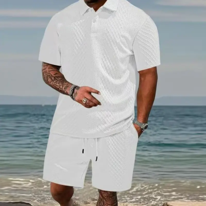 Men's Summer Textured Polo Shirt & Shorts 2-Piece Set