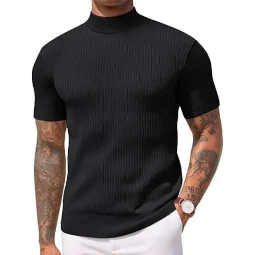 Men's Mock Turtleneck Short Sleeve Ribbed Knit Top