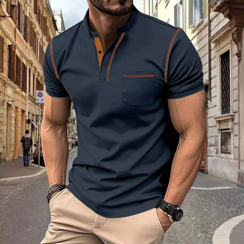 Men's Henley Neck Short Sleeve T-Shirt with Contrast Stitch Detail