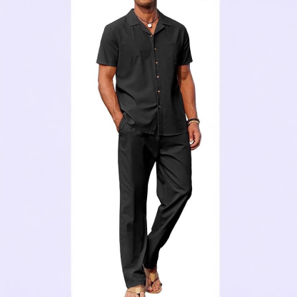 Men's Short Sleeve Button Shirt & Loose Pants 2-Piece Set