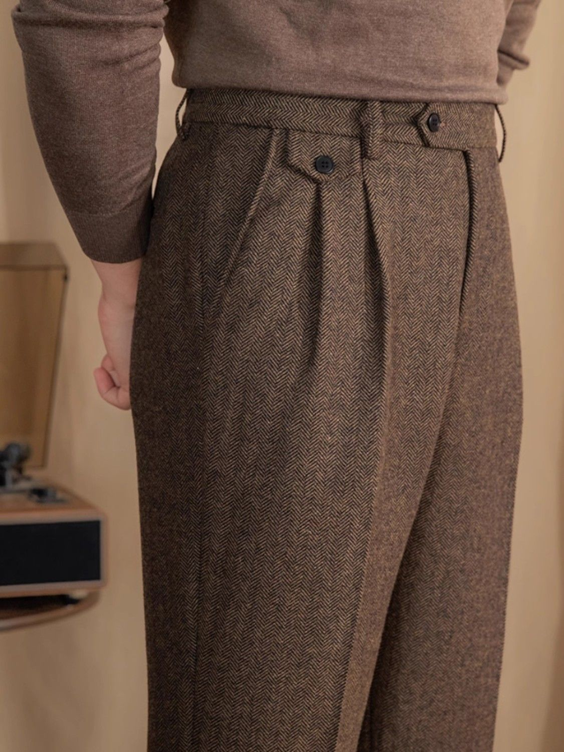 Men's Italian Herringbone Linen Wool Blend Ankle Trousers