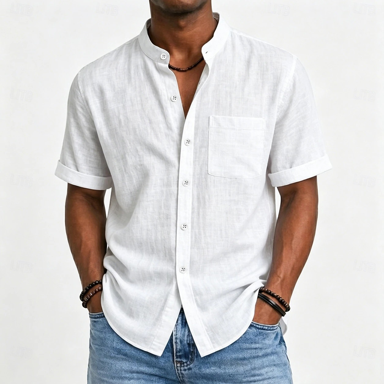 Men's Mandarin Collar Cotton Linen Short Sleeve Shirt – Casual Lightweight Style