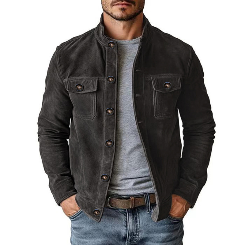 Men's Faux Suede Stand Collar Jacket – Casual Button-Up Outerwear