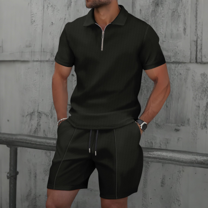 Men’s Waffle Zip Polo & Shorts Set Men’s Waffle Zip Polo & Shorts Set – Casual Summer Outfit