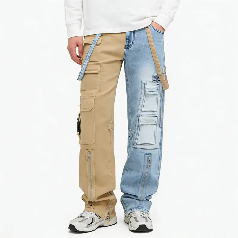 Men's Loose Straight-Leg Cargo Jeans with Contrast Zipper Pockets
