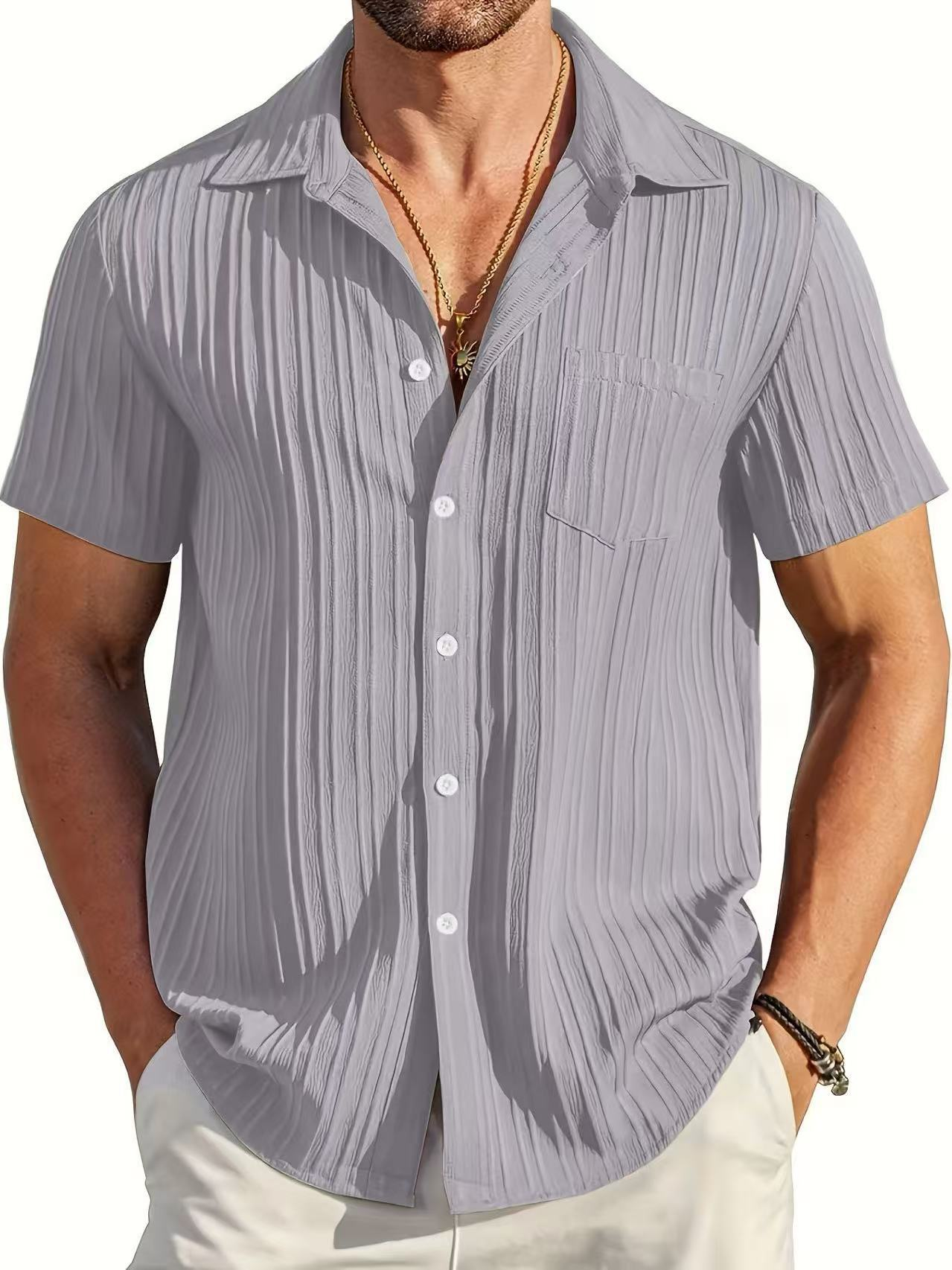Men's Textured Stripe Short Sleeve Button Down Shirt