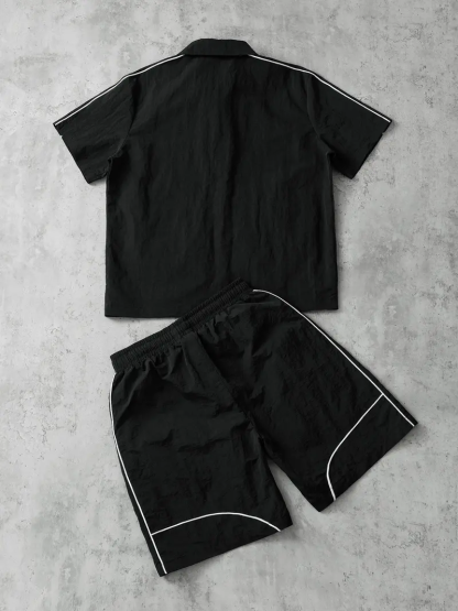 Men's Star Print Short Sleeve Zipper Shirt & Gym Shorts Set