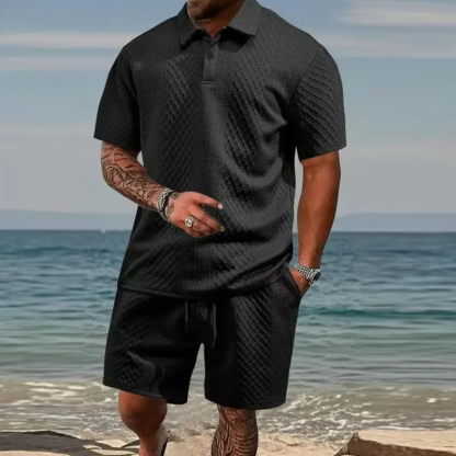 Men's Summer Textured Polo Shirt & Shorts 2-Piece Set