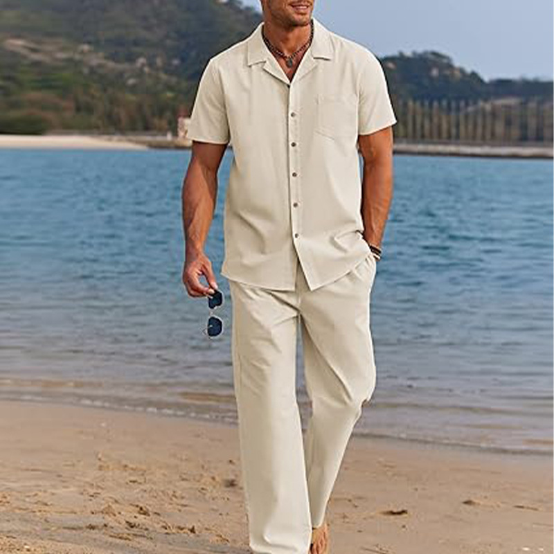 Men's Short Sleeve Button Shirt & Loose Pants 2-Piece Set