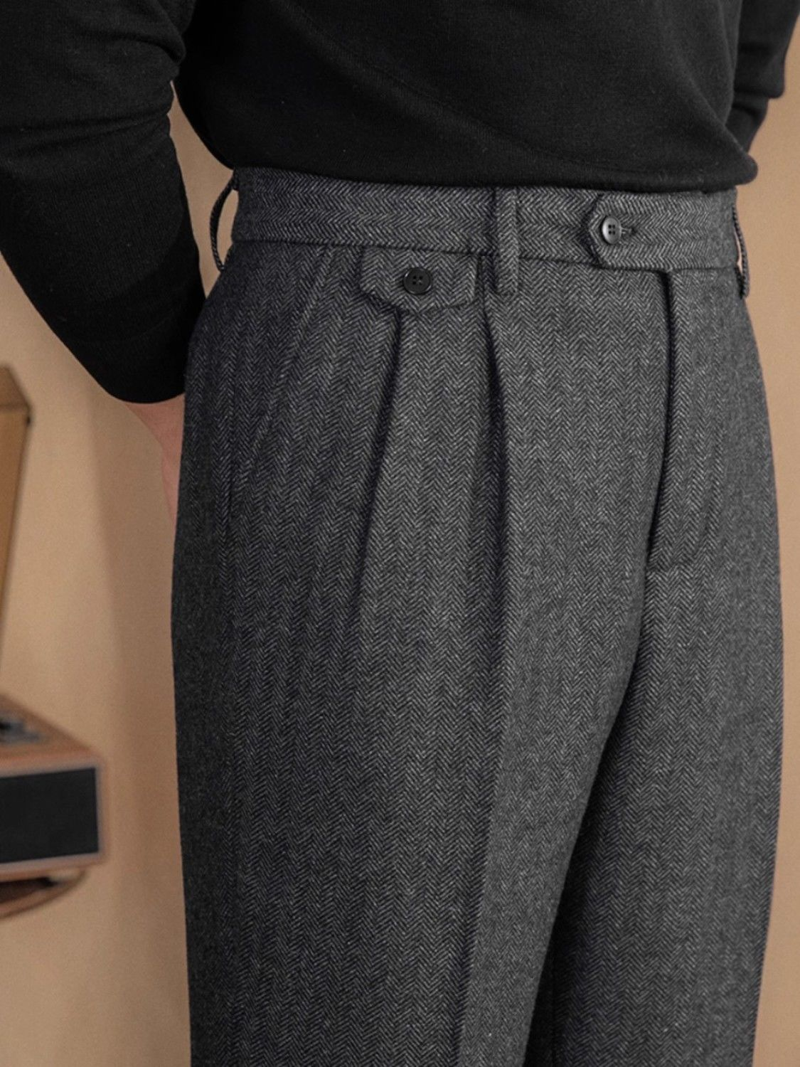 Men's Italian Herringbone Linen Wool Blend Ankle Trousers
