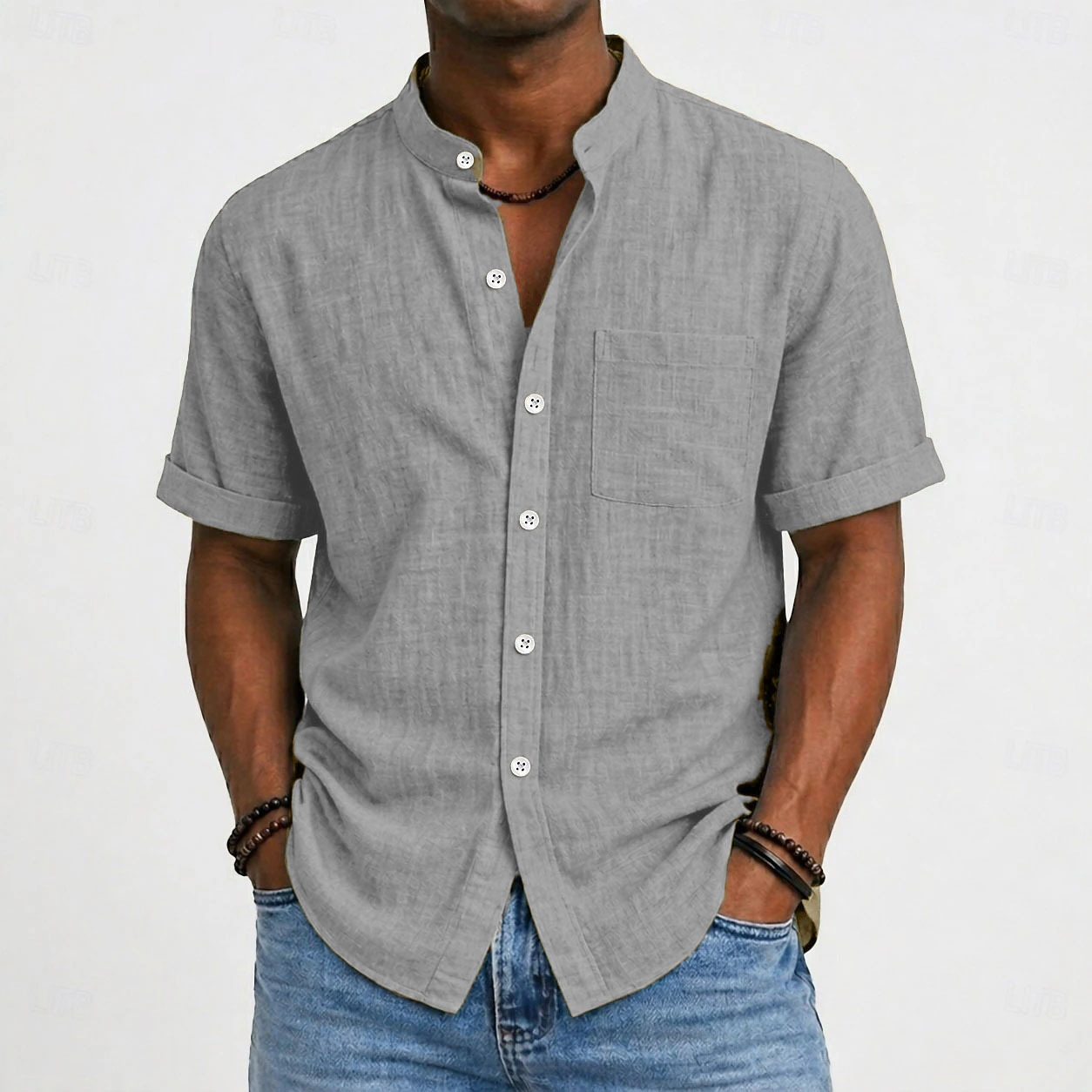 Men's Mandarin Collar Cotton Linen Short Sleeve Shirt – Casual Lightweight Style