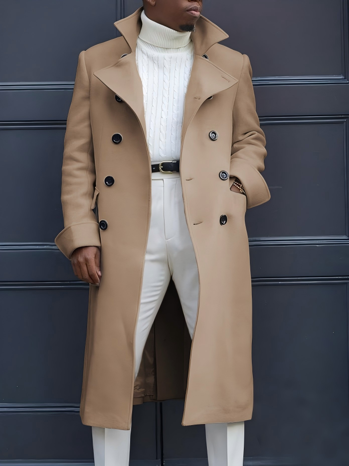 Men's Double-Breasted Long Coat – Notch Lapel Casual Trench Overcoat