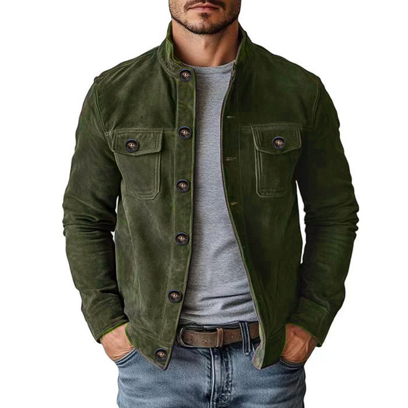 Men's Faux Suede Stand Collar Jacket – Casual Button-Up Outerwear