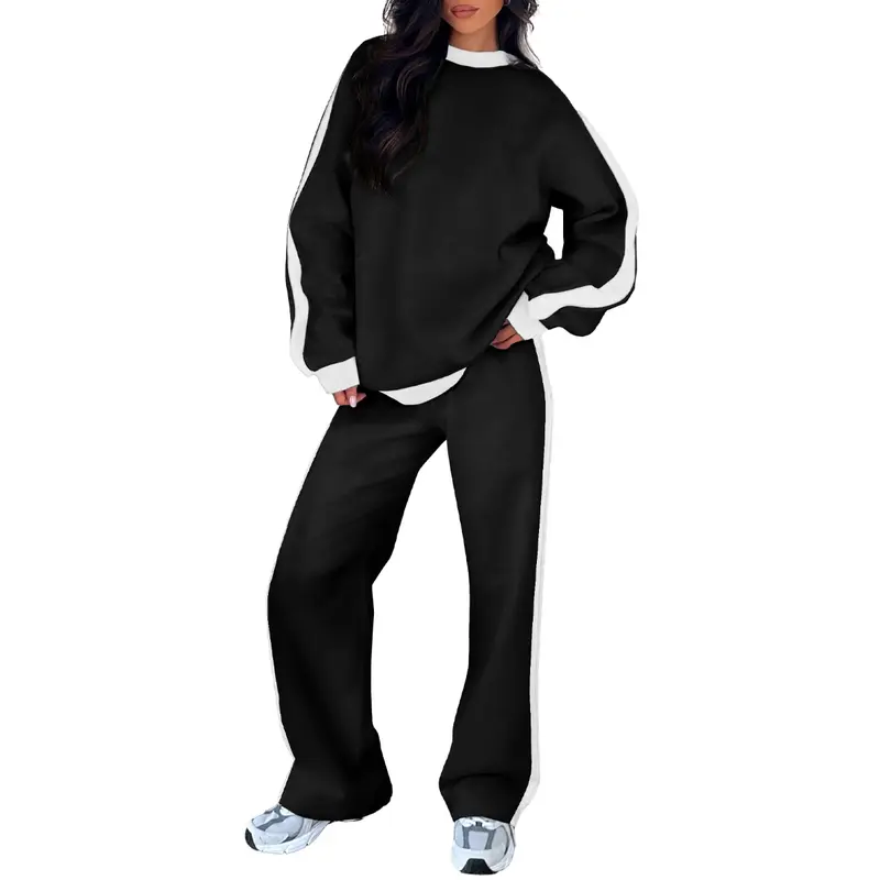 Women's 2-Piece Colorblock Fleece Sweatsuit – Relaxed Sweatshirt & Straight-Leg Pants Set