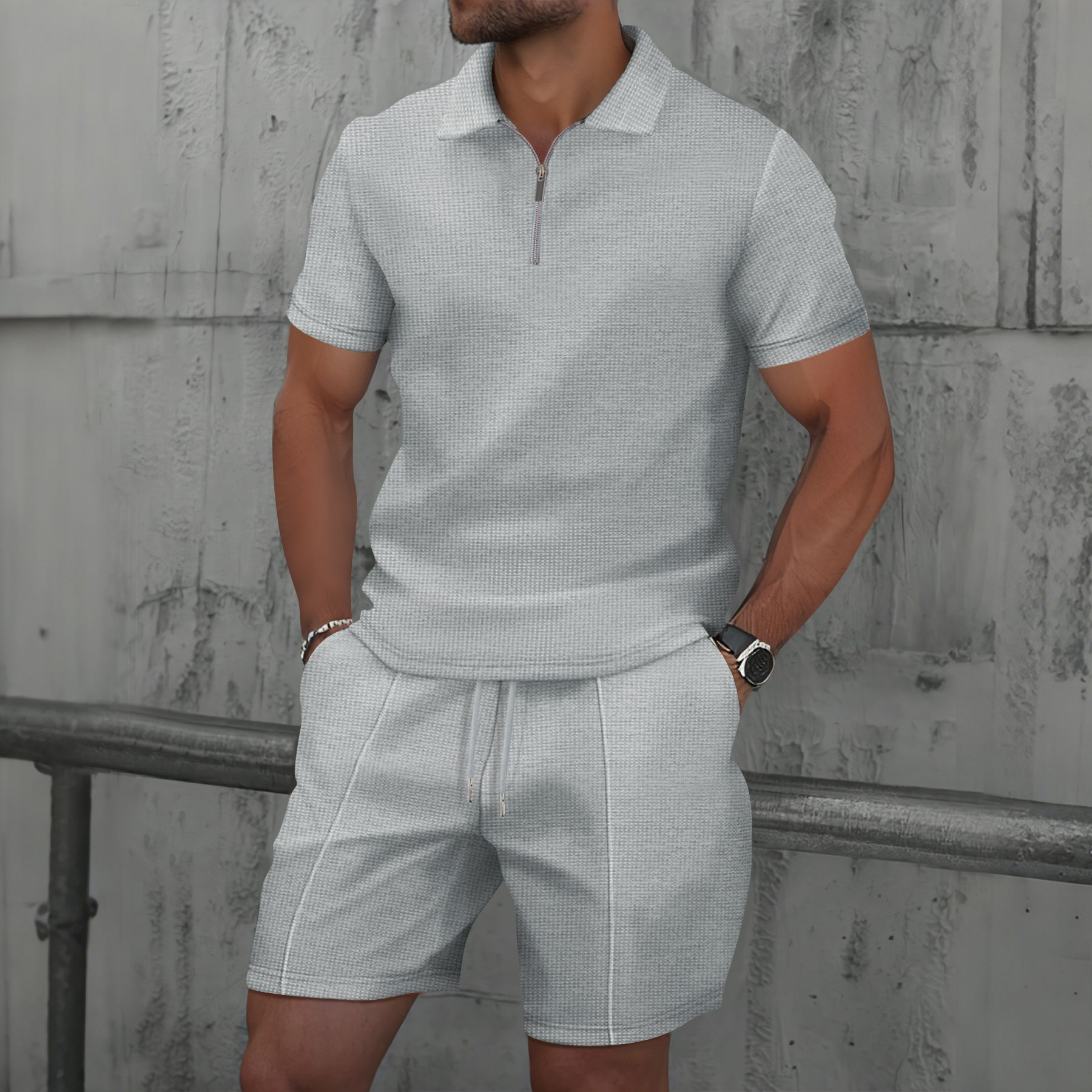 Men’s Waffle Zip Polo & Shorts Set Men’s Waffle Zip Polo & Shorts Set – Casual Summer Outfit