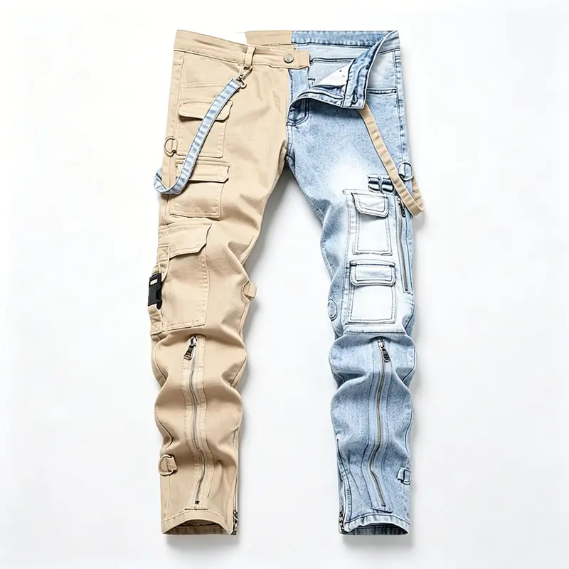 Men's Loose Straight-Leg Cargo Jeans with Contrast Zipper Pockets