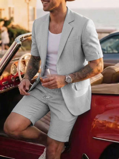 Men's Summer British Plaid Business Casual Suit Set