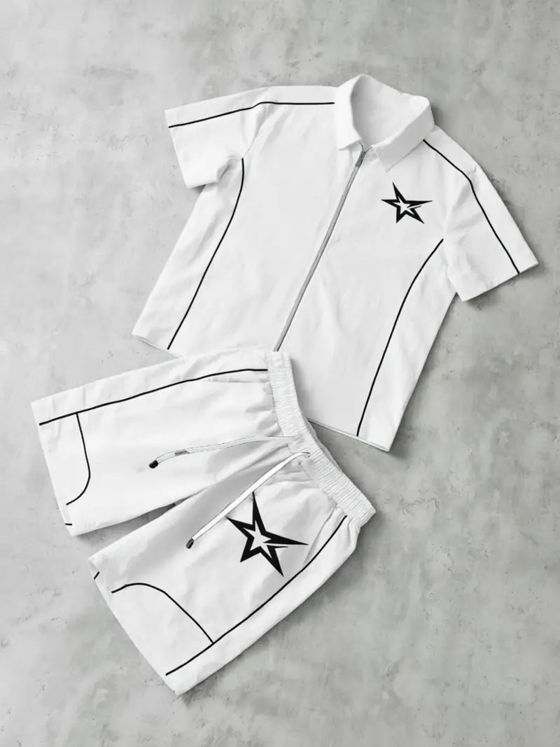 Men's Star Print Short Sleeve Zipper Shirt & Gym Shorts Set