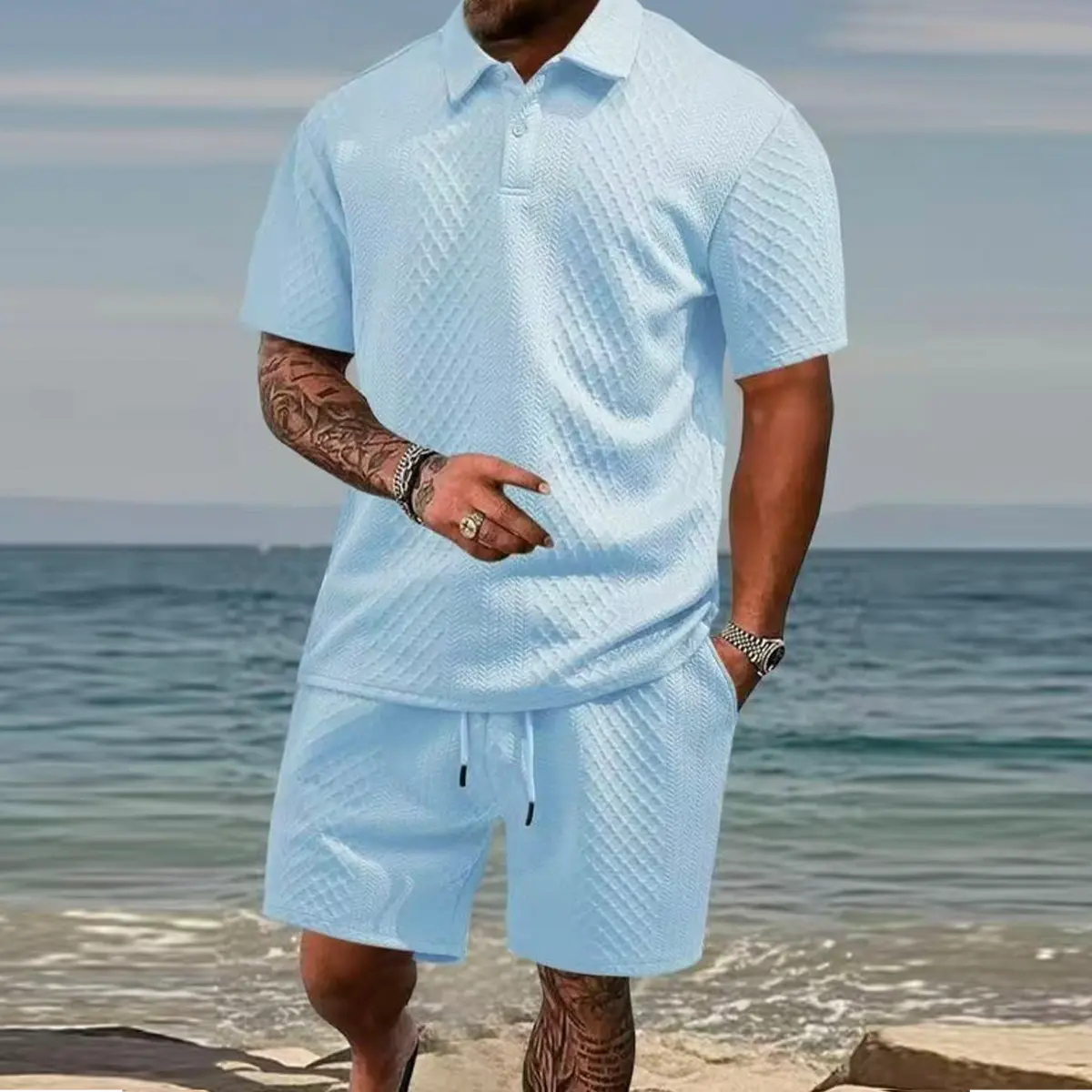 Men's Summer Textured Polo Shirt & Shorts 2-Piece Set