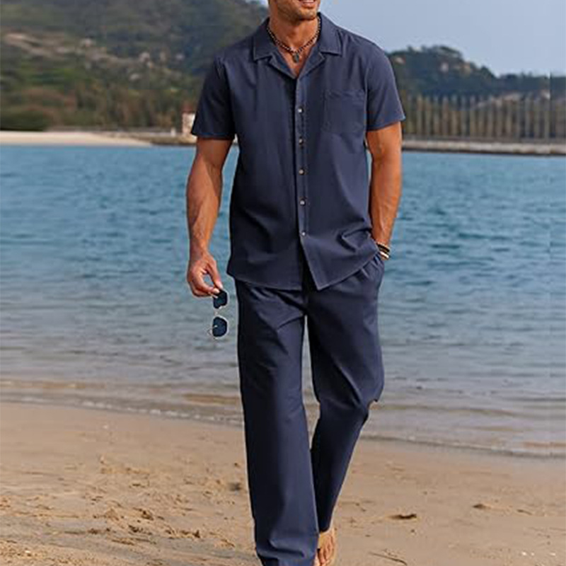 Men's Short Sleeve Button Shirt & Loose Pants 2-Piece Set