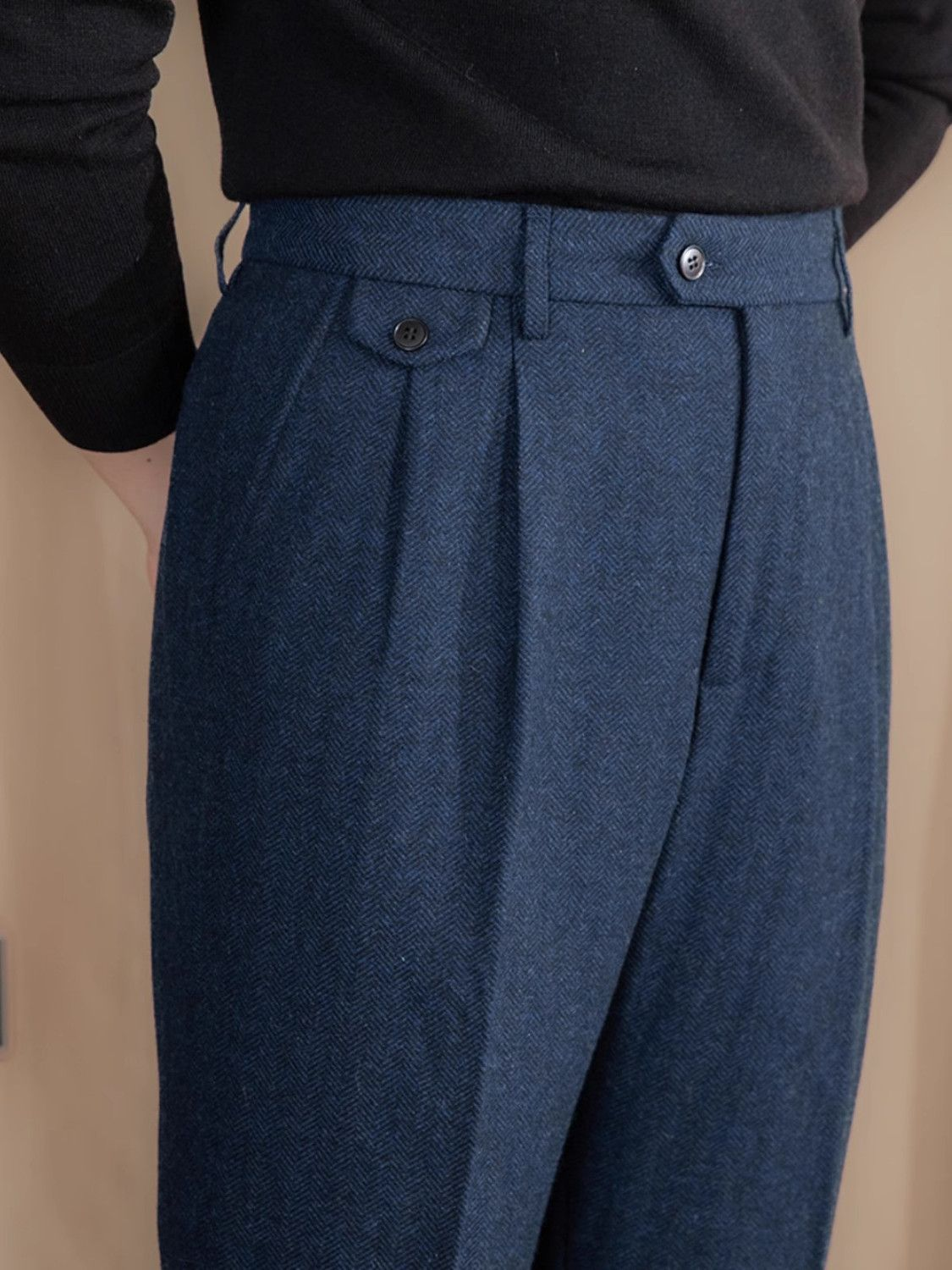 Men's Italian Herringbone Linen Wool Blend Ankle Trousers