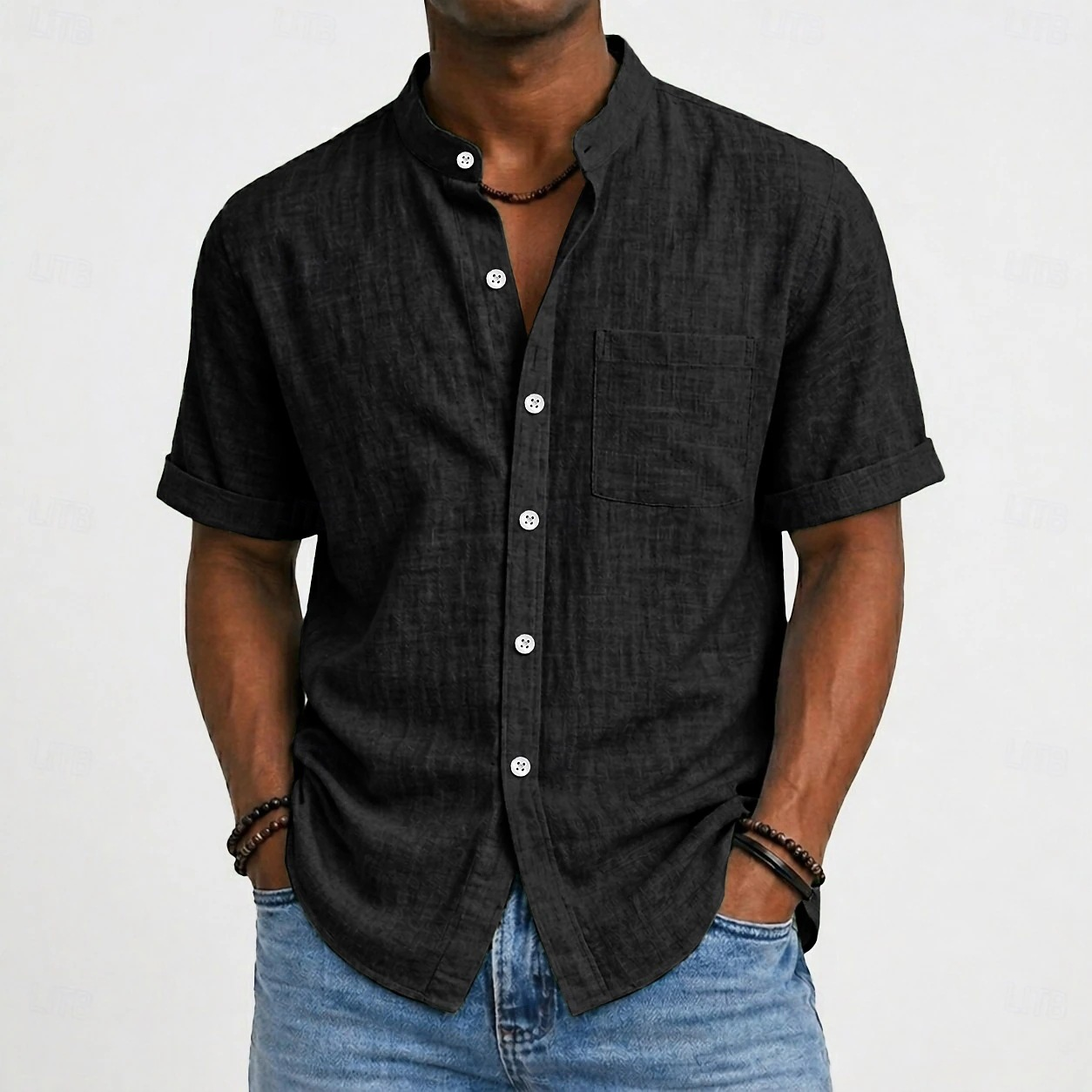 Men's Mandarin Collar Cotton Linen Short Sleeve Shirt – Casual Lightweight Style