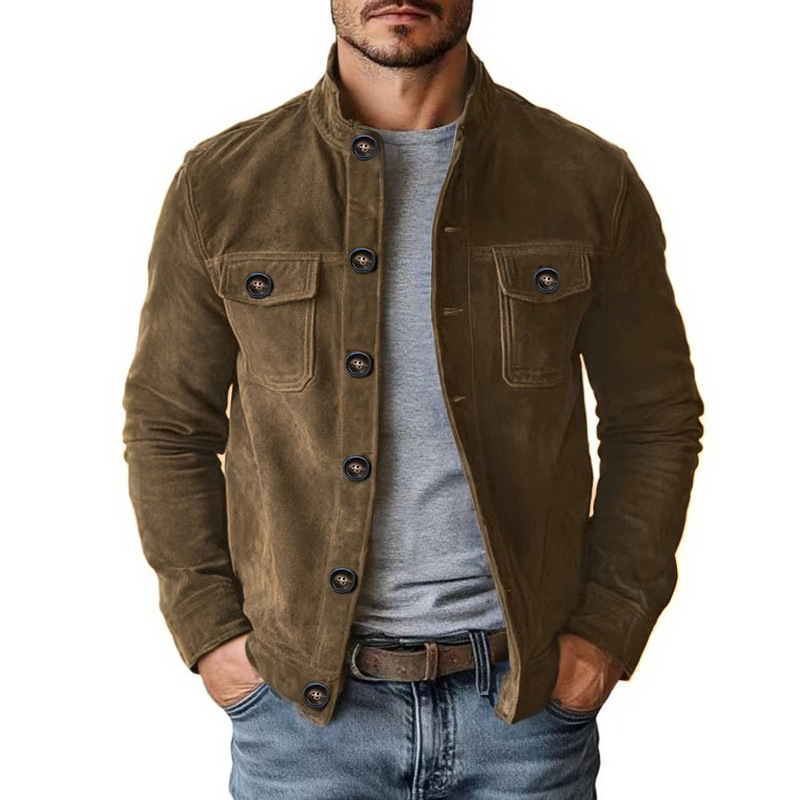 Men's Faux Suede Stand Collar Jacket – Casual Button-Up Outerwear