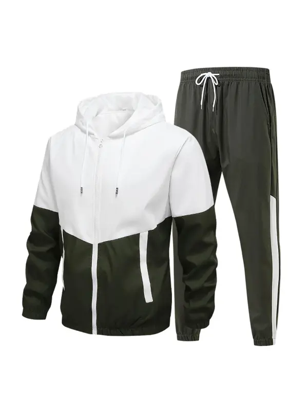 Men’s Colorblock Hoodie & Sweatpants Set – Drawstring Zip
