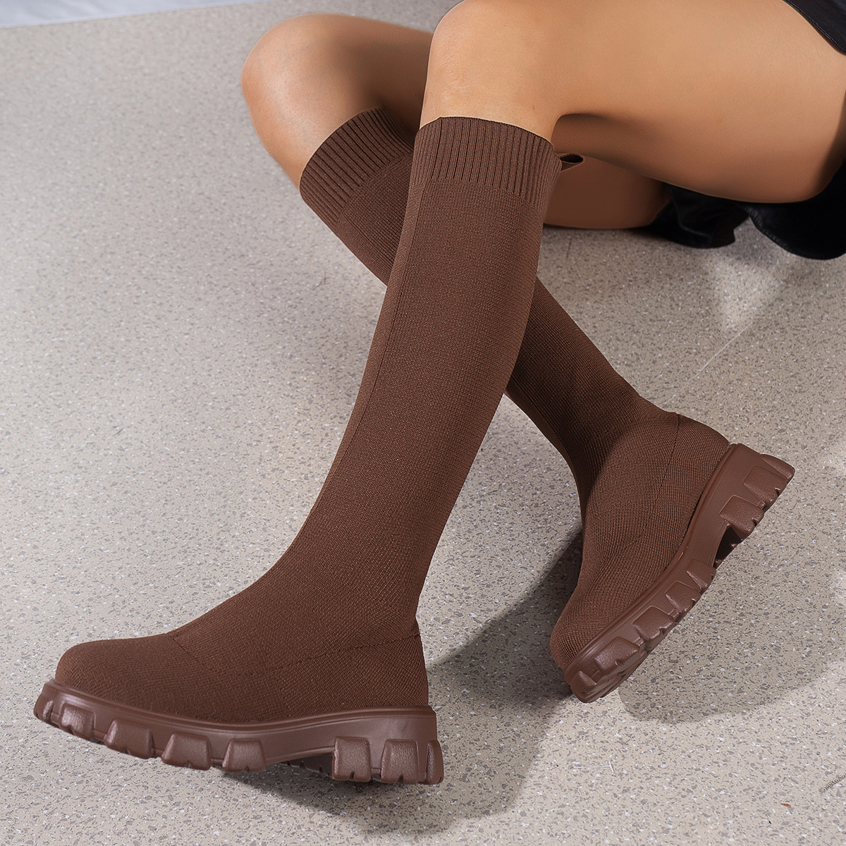 Women’s Knit Mid-Calf Sock Boots – Chunky Heel Martin Boots