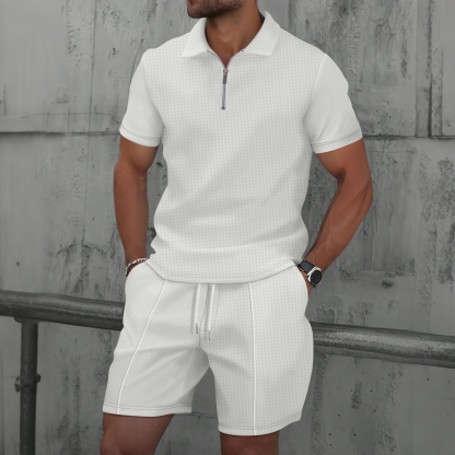 Men’s Waffle Zip Polo & Shorts Set Men’s Waffle Zip Polo & Shorts Set – Casual Summer Outfit