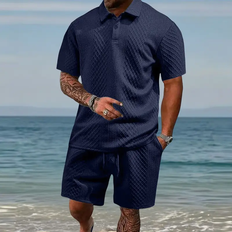 Men's Summer Textured Polo Shirt & Shorts 2-Piece Set