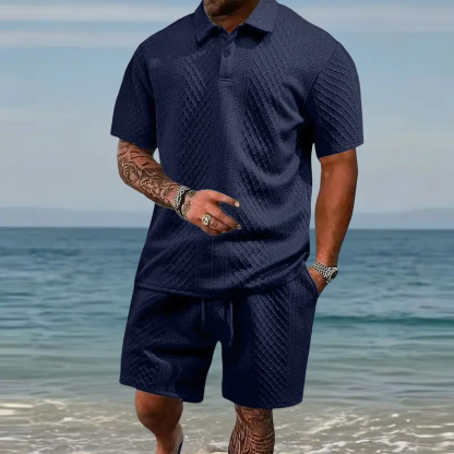 Men's Summer Textured Polo Shirt & Shorts 2-Piece Set