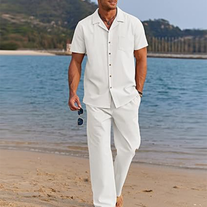 Men's Short Sleeve Button Shirt & Loose Pants 2-Piece Set