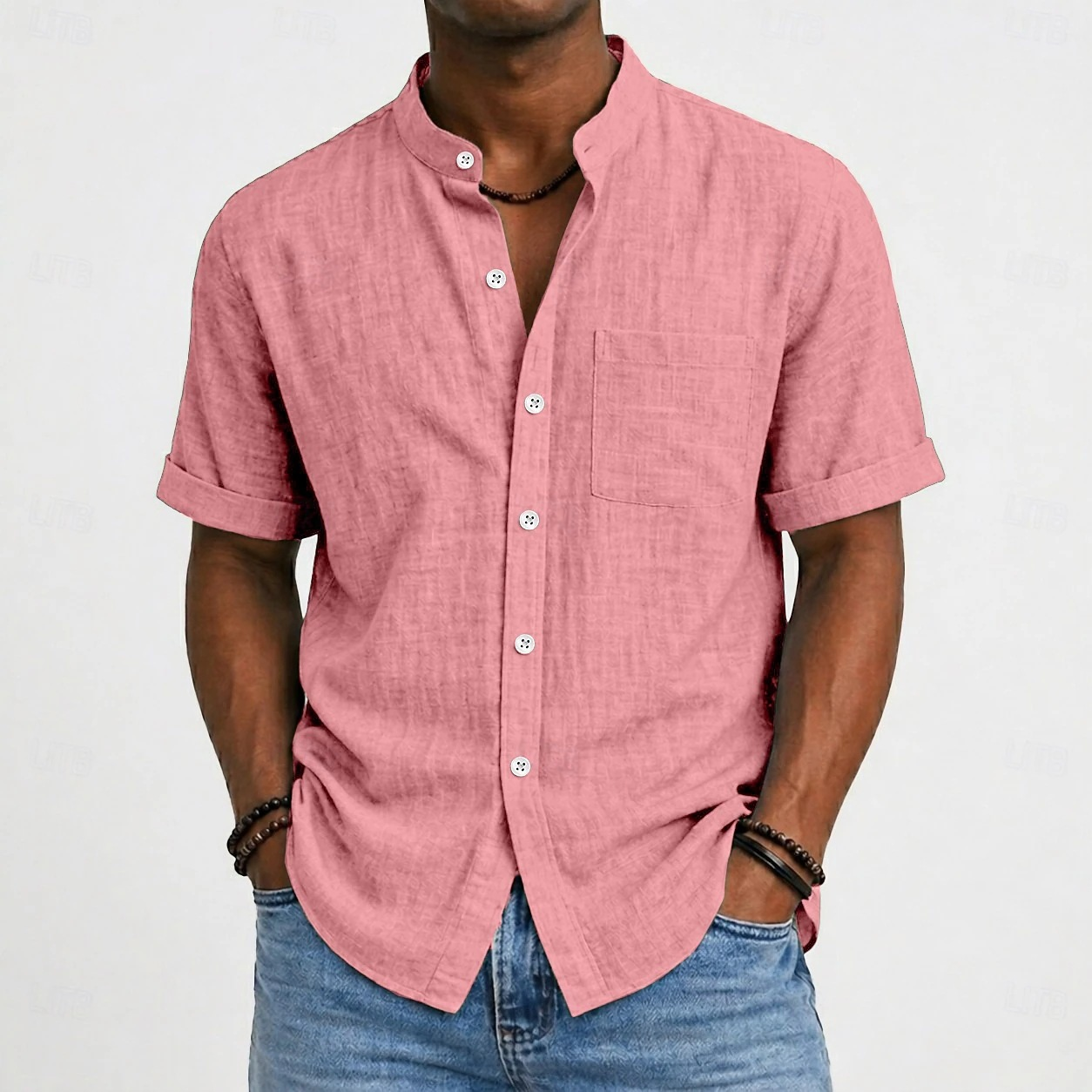 Men's Mandarin Collar Cotton Linen Short Sleeve Shirt – Casual Lightweight Style