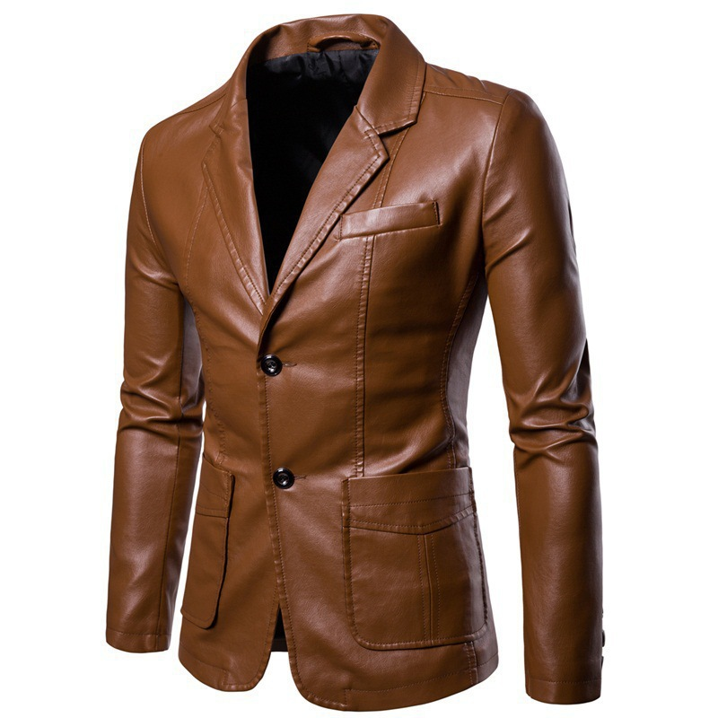 Men's Classic Washed Leather Jacket – Button Collar Casual Outerwear