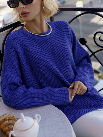 Women’s Solid Color Knit Sweater – Casual Loose Crewneck Pullover for Spring & Autumn