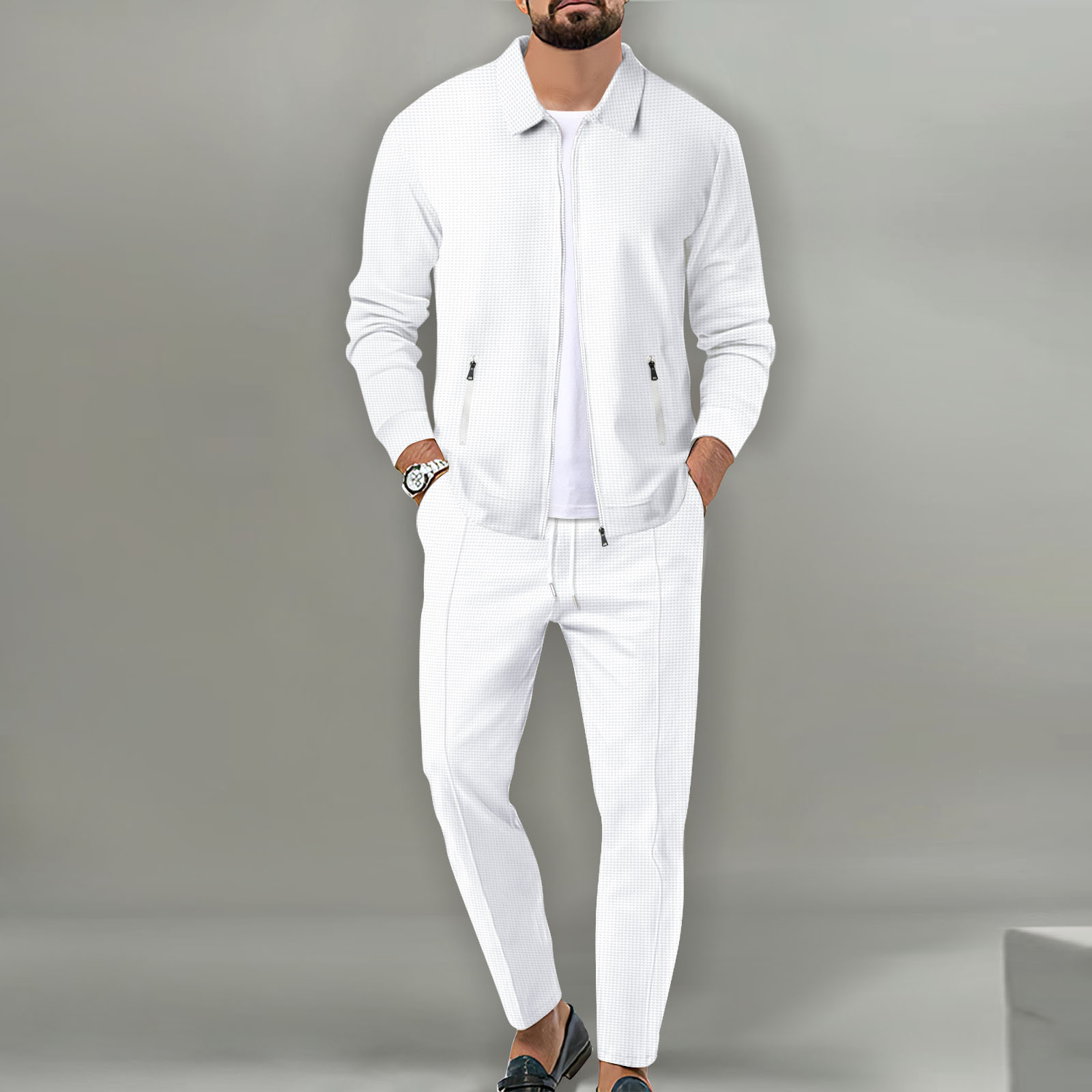 Men’s Waffle Knit Jacket Set – Slim Fit Zip-Up Cardigan with Pockets