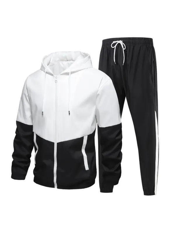 Men’s Colorblock Hoodie & Sweatpants Set – Drawstring Zip