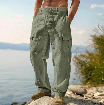 Men’s Breathable Linen Cargo Pants with Multi-Pockets