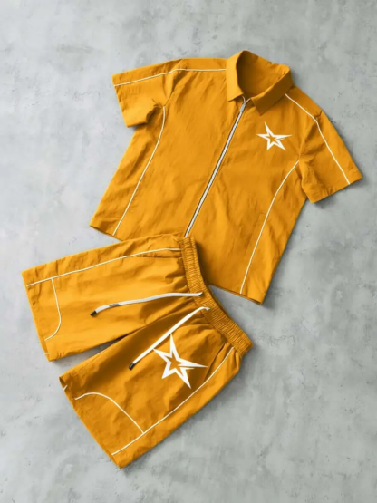 Men's Star Print Short Sleeve Zipper Shirt & Gym Shorts Set