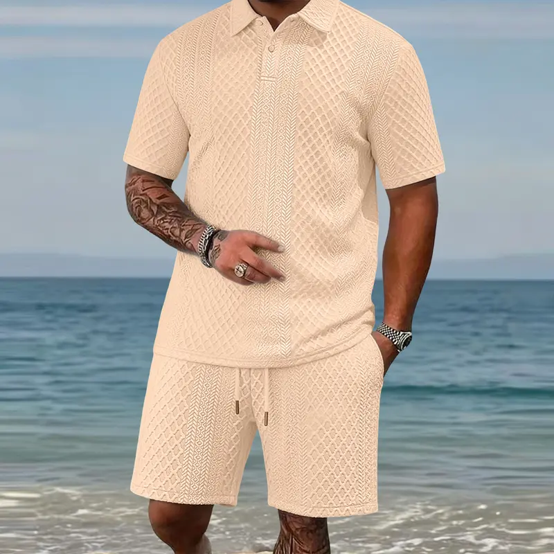 Men's Summer Textured Polo Shirt & Shorts 2-Piece Set