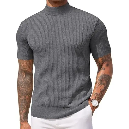 Men's Mock Turtleneck Short Sleeve Ribbed Knit Top